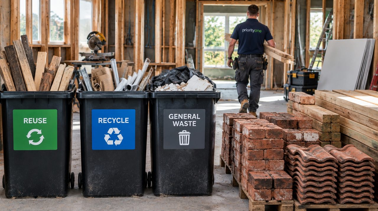 Sorted site bins labelled Reuse, Recycle and General Waste, with salvaged bricks, roof tiles and timber stacked for reuse while a Priority One builder carries timber through a stripped-back home